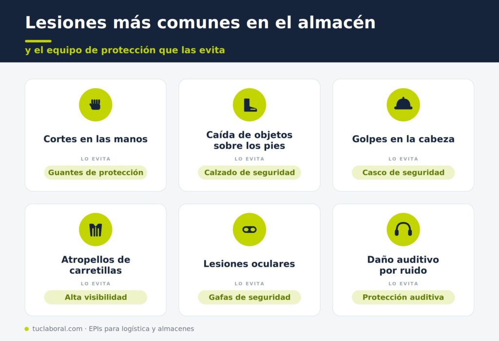 Infografía de las lesiones más comunes en el almacén y los EPIs que las evitan: guantes, calzado, casco, alta visibilidad, gafas y protección auditiva